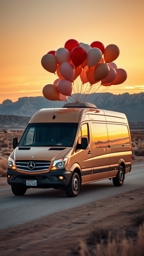 Van with Balloons driving in Texas Sunrise