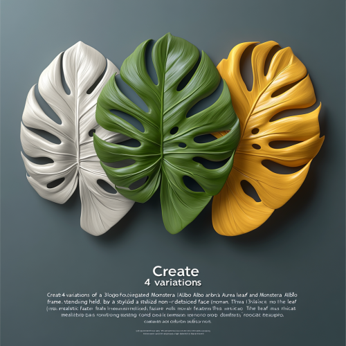 Variations of 3D Aroid Society logo with Monstera Albo and Aurea leaf and woman holding circle.