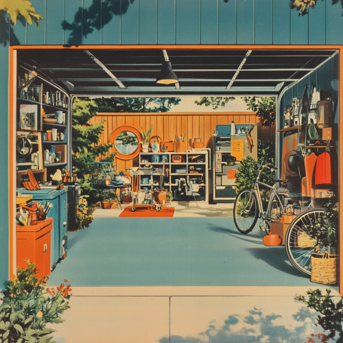 Various mid century decor items in open garage.