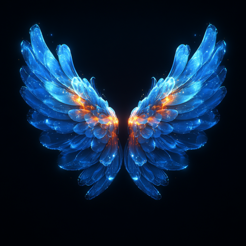 Vector illustration of glowing angel wings on black background.