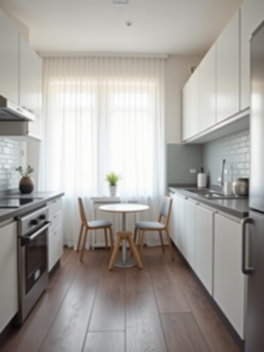 Vertical photo of modern Russian kitchen with minimalist design.