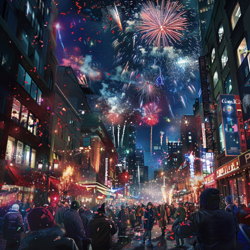 Vibrant New Year's Eve fireworks light up city street