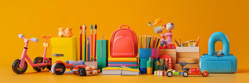 Vibrant children's store products bundle on orange. Vibrant children's store products bundle on orange.