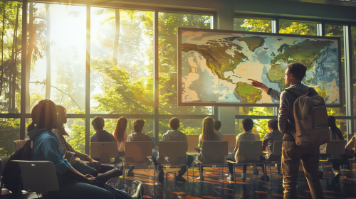 Vibrant classroom scene of geography teacher and students
