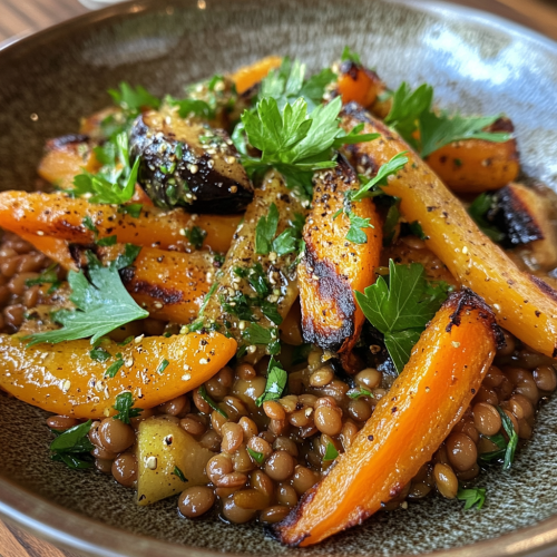 Vibrant lentil bowl with roasted carrots and garlic