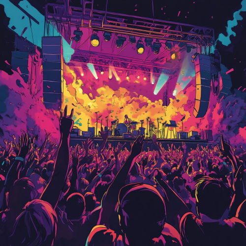 Vibrant music concert scene with excited crowd.