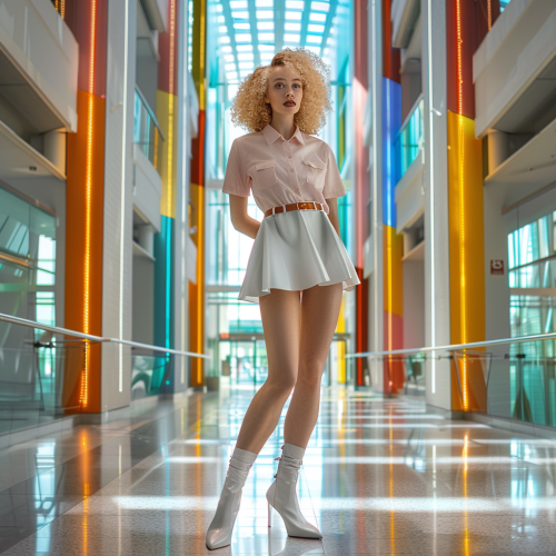 Vibrant office fashion style with modern background contrast.