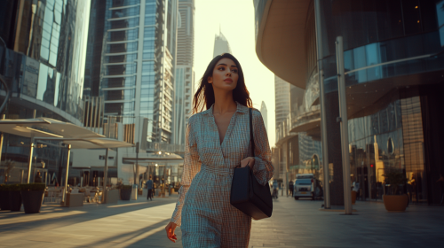 Woman walks in downtown Dubai with skyscrapers