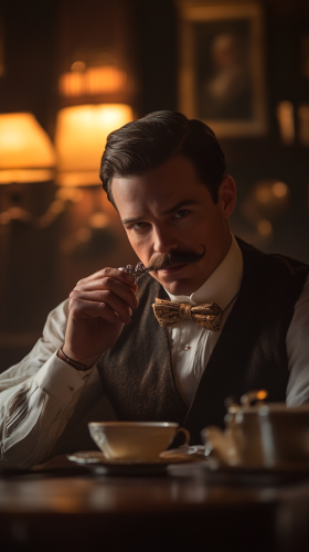 Victorian Gentleman Testing Mustache Protector in Dim Light