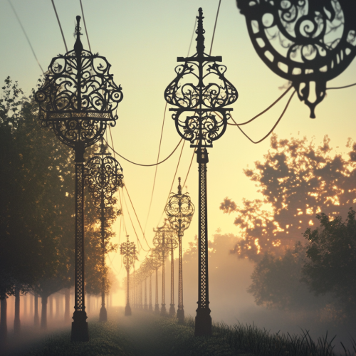Victorian electric pylons with wrought iron patterns at dawn