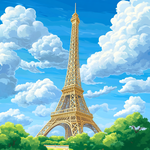 View of Eiffel Tower in Children's Book Style