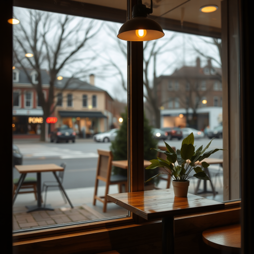 View of coffee shop through large window at night.