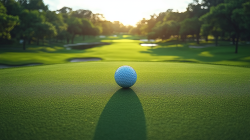 View of golf ball flying over blurred course.