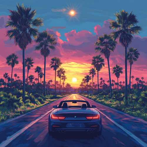 View of horizon from black BMW convertible, sun shining.