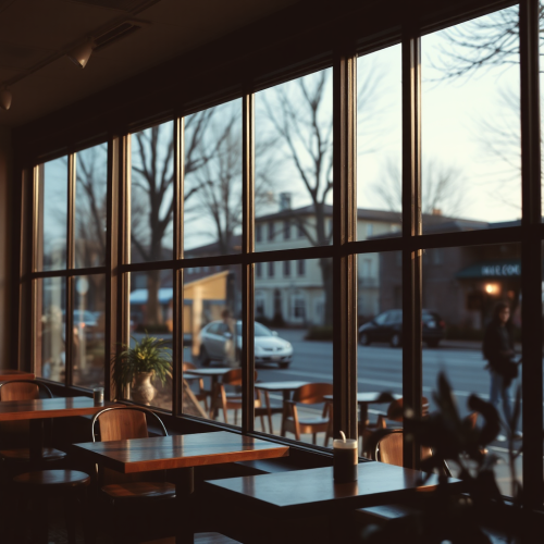 View of outside from coffee shop large window.