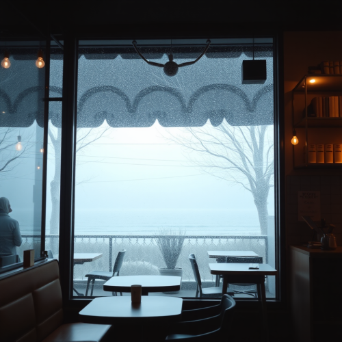 View of outside from dark coffee shop window.