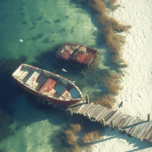 View of seashore with ruined pier and old boat