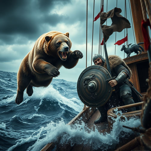 Viking Defending Ship from Attacking Bear in Storm Viking Defending Ship from Attacking Bear in Storm