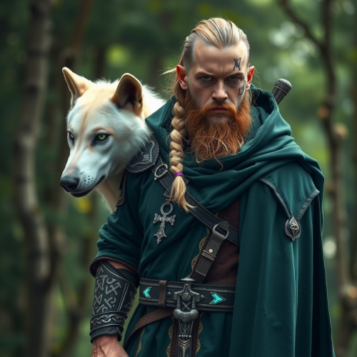 Viking Half Elf Ranger in Forest with Direwolf