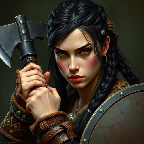 Viking Warrior Woman with Axe in Oil Painting