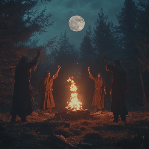Viking pagan ritual in forest at night with fire.