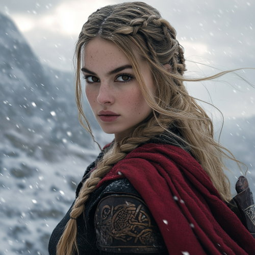 Viking princess with blonde braid on snowy mountain.