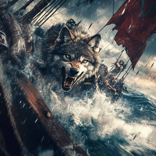 Viking ship faces attack by fierce wolf