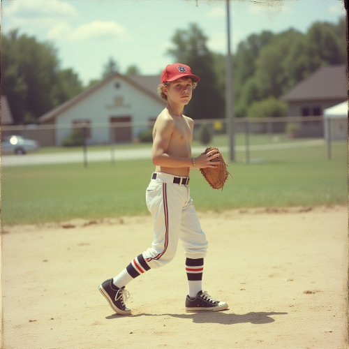 Vintage 1980s Teen Playing Baseball in Suburb