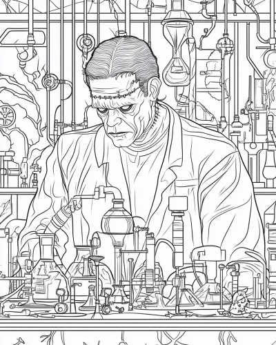 Vintage Frankenstein's Monster in mad scientist lab, line drawing.