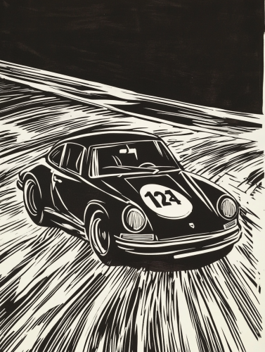 Vintage Porsche Racing Scene with Minimalist Style
