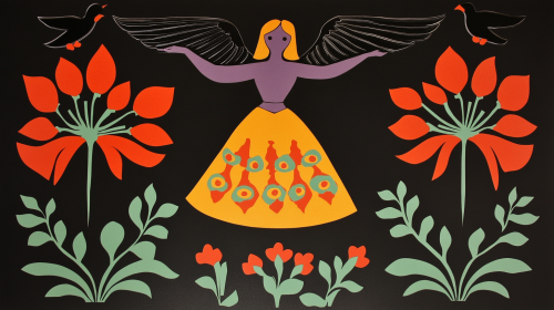 Vintage Soviet Folk Art Paper Cut-Out: Red Flowers, Anthropomorphic Purple Woman-inspired by Edward Gorey.