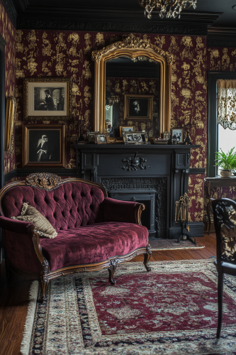 Vintage parlor with gold-leaf frames, faded photos, settee.