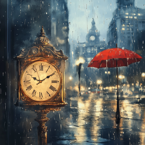 Vintage table clock in rainy cityscape watercolor scene