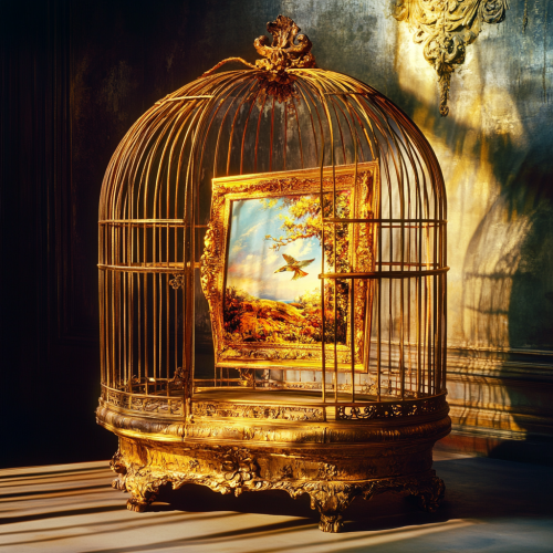 Vivid, hyper-realistic golden birdcage with escaping painting inside.