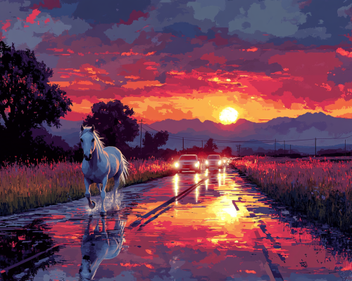 Vivid Colorful Road at Evening with White Horse Vivid Colorful Road at Evening with White Horse