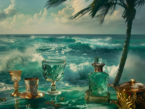 Vivid beach advertisement with palm trees and waves