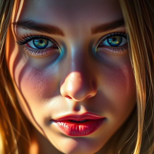 Vivid portrait of young woman in sunlight and shadows.