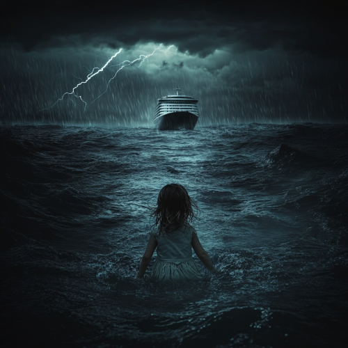 Vulnerable Girl Struggling in Ocean's Stormy Darkness