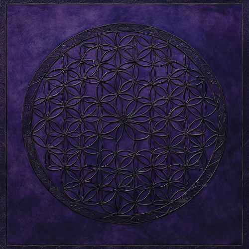 Wallpaper with dark violet background, intricate flower designs. Butterflies in corners.