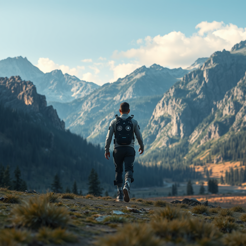 Wanderer in Crypto Attire Exploring Natural Landscape