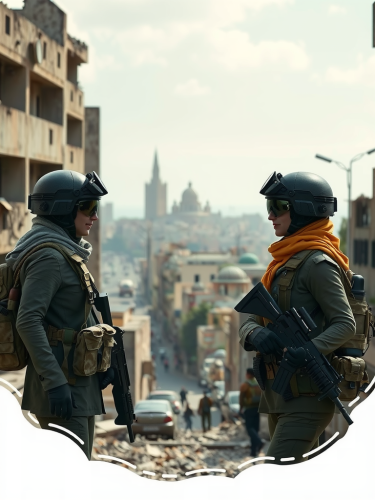 War's Destruction: Two Female Soldiers Amid Ruins