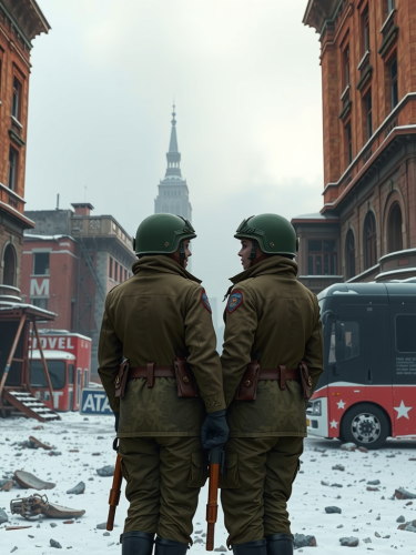 War-torn city in winter, 2 female soldiers portrayed.
