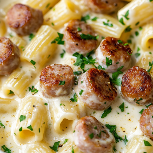 Warm and inviting creamy Alfredo pasta with sausage