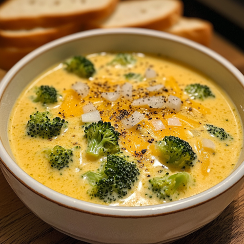 Warm broccoli cheddar soup with rustic bread slices