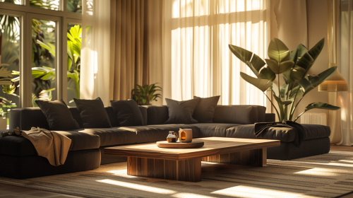Warm living room with dark sectional sofas, wooden table. Warm living room with dark sectional sofas, wooden table.