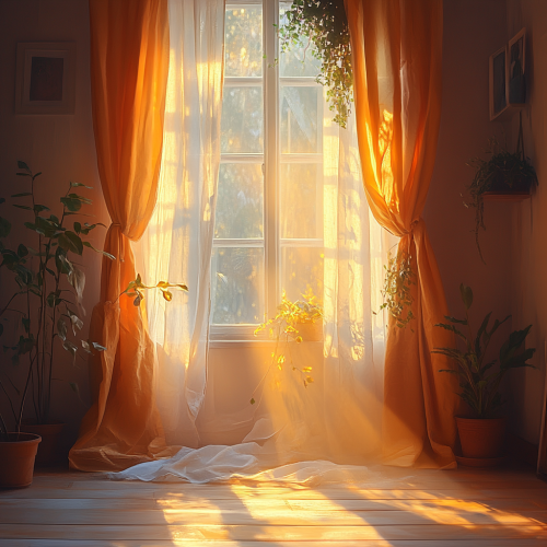 Warm sunlight through window casts tranquil room glow.
