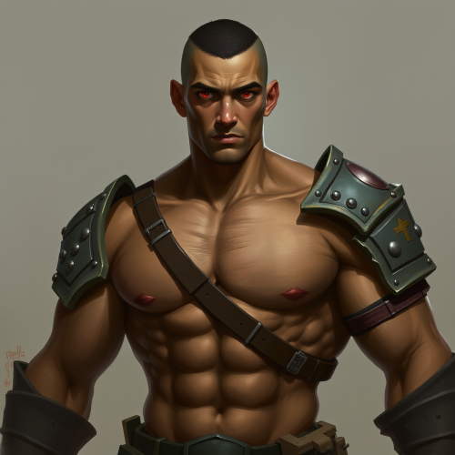 Warrior in half plate armor with buzz cut.