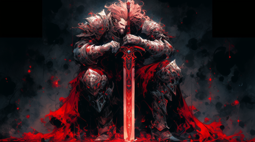 Warrior with big sword, surrounded by dead demons