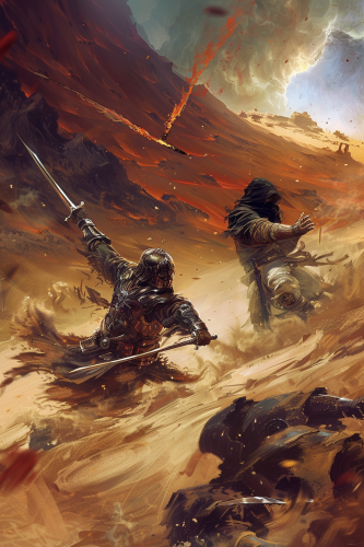 Warriors duel in desert with stormy sky and ruins. Warriors duel in desert with stormy sky and ruins.