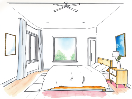 Watercolor Depiction of a Spacious Bedroom